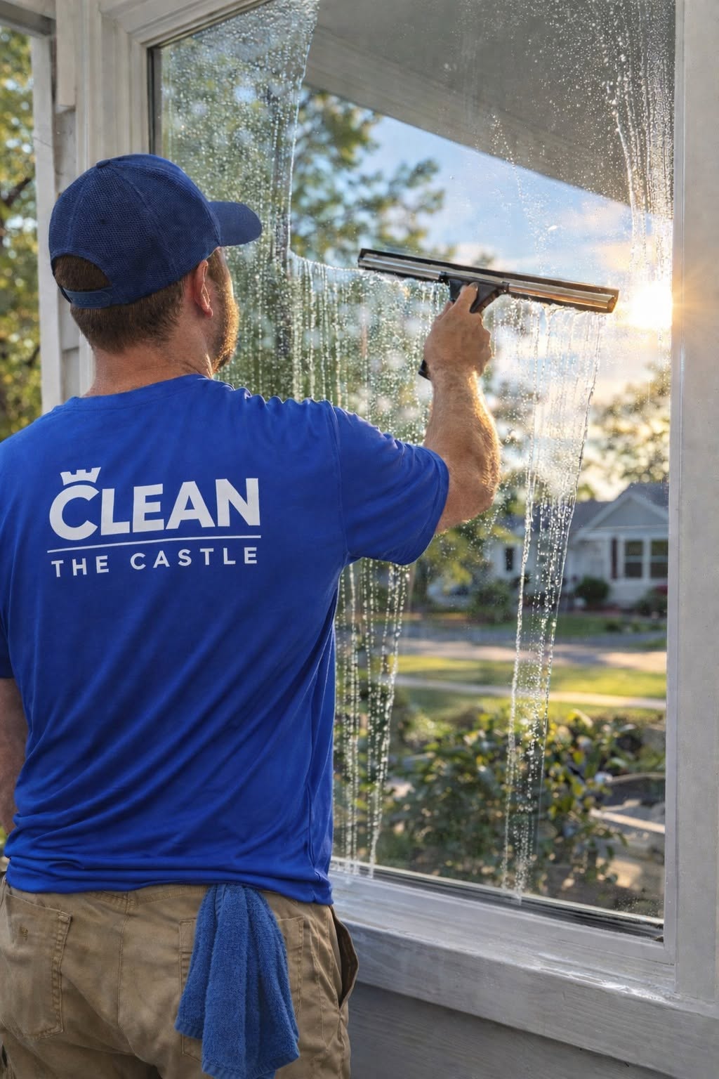 Clean The Castle technician washing residential windows